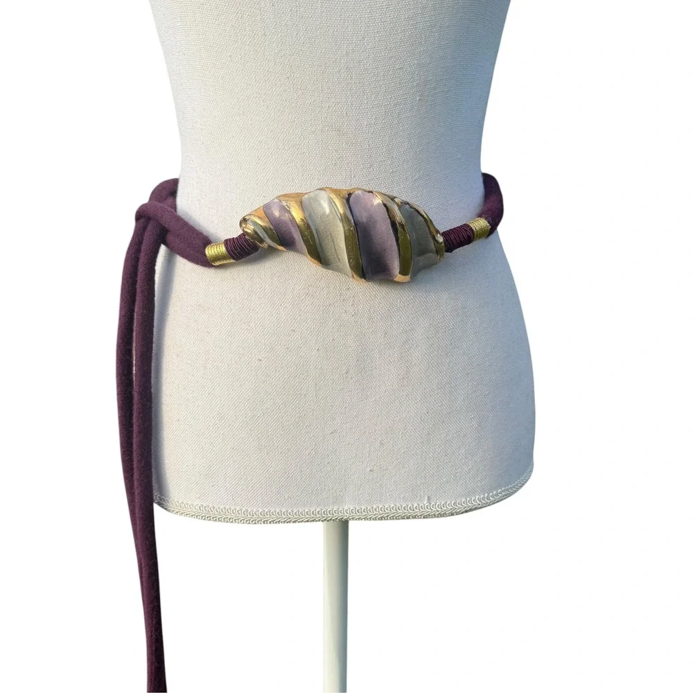 Vintage Artisan Ceramic Shell Rope Belt Purple Gold Glazed Sculptural Tie Belt